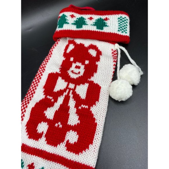 Vintage Teddy Bear Knit Christmas Stocking with pom poms 21" - Picture 8 of 14